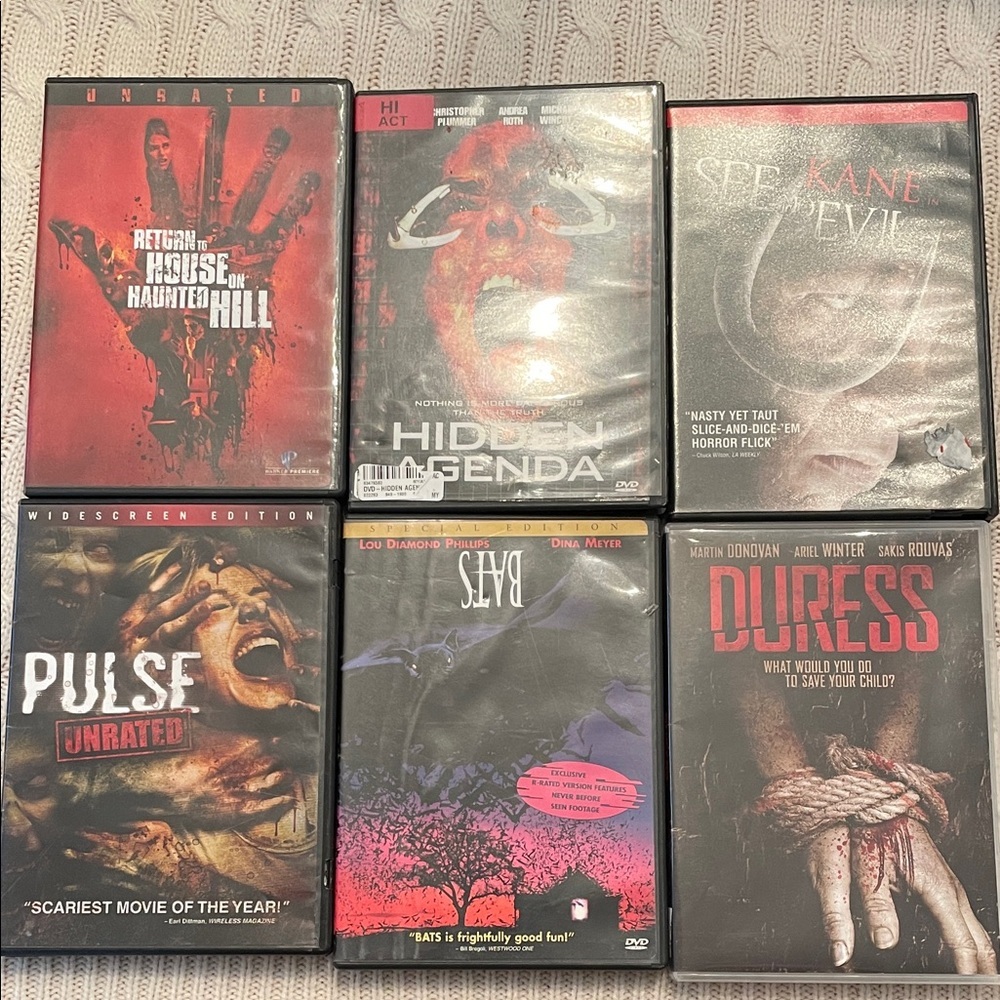DVD Horror film Lot. 6 movies Duress Hidden Agenda Pulse Bats Kane See No Evil